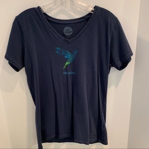 Life Is Good classic fit tee, size medium, color navy blue, V-neck, 100% cotton